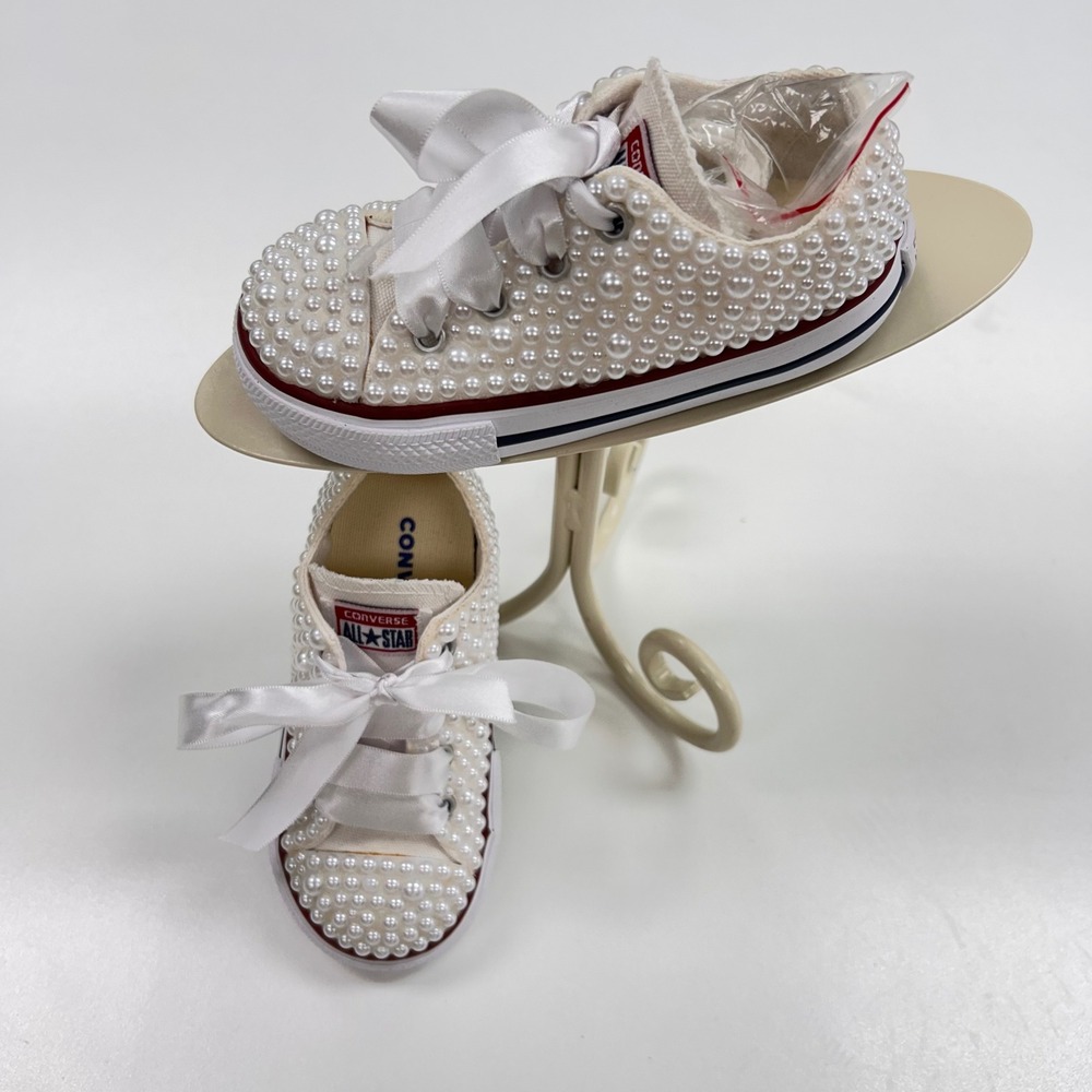Converse Chuck Taylor All Star Baby Custom Pearl Satin Ribbon Sneakers White 7.5